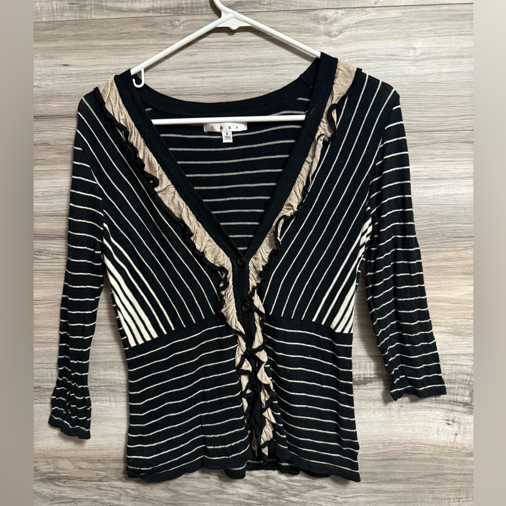 Cabi Cardigan Sweater #276 The Flirt Black Tan Striped Ruffled Trim